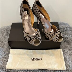 Badgley Mischka Taupe and Black Zebra-Stripe Peep-Toe Heels